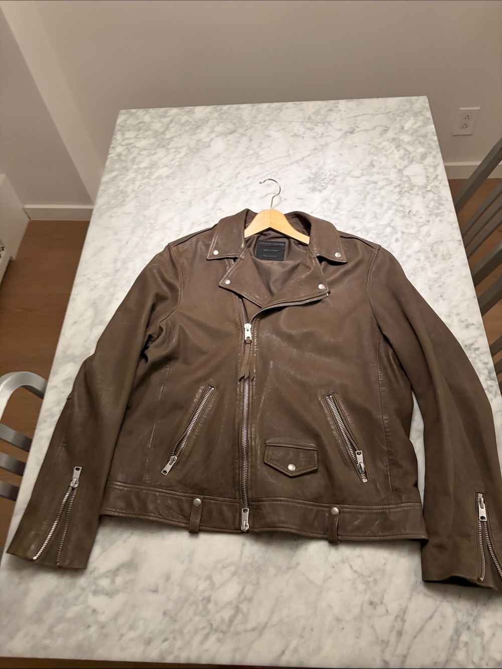 All Saints Olive Brown Lamb Leather Moto Bomber Jacket